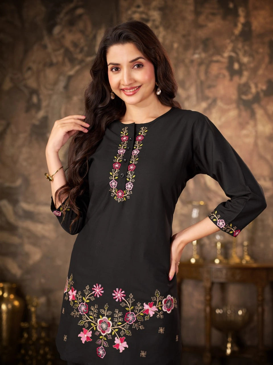 Black Thread Embroidered Coord Set front bust view neckline detail Kalyanja KC22